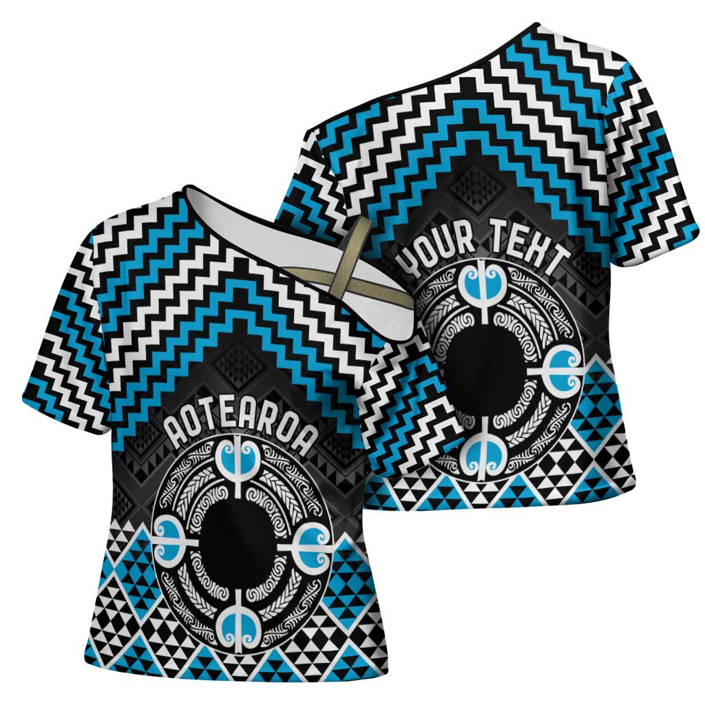Personalised Aotearoa Niho Taniwha Motif Cross Shoulder Shirt Blue Style - Polynesian Pride