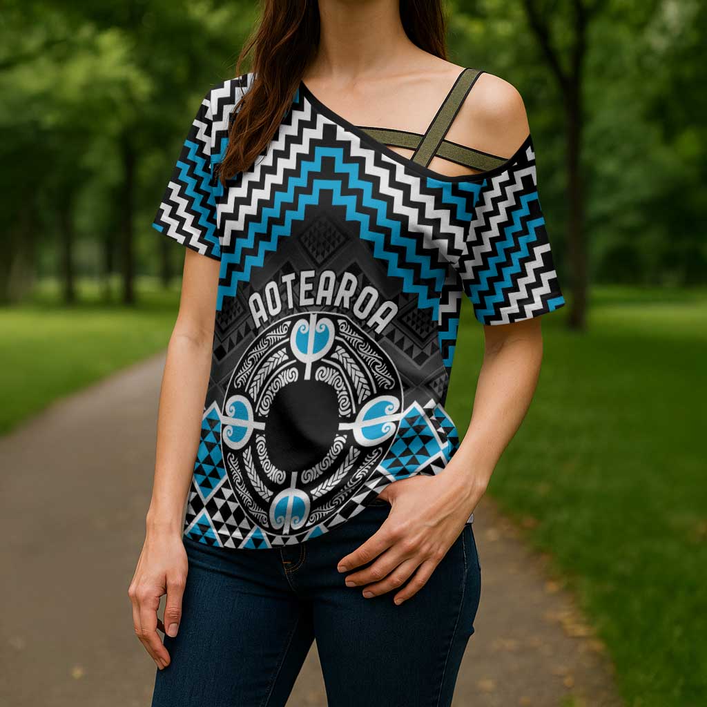 Personalised Aotearoa Niho Taniwha Motif Cross Shoulder Shirt Blue Style - Polynesian Pride