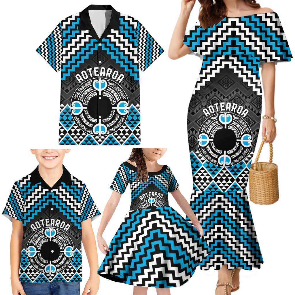 Personalised Aotearoa Niho Taniwha Motif Family Matching Mermaid Dress and Hawaiian Shirt Blue Style
