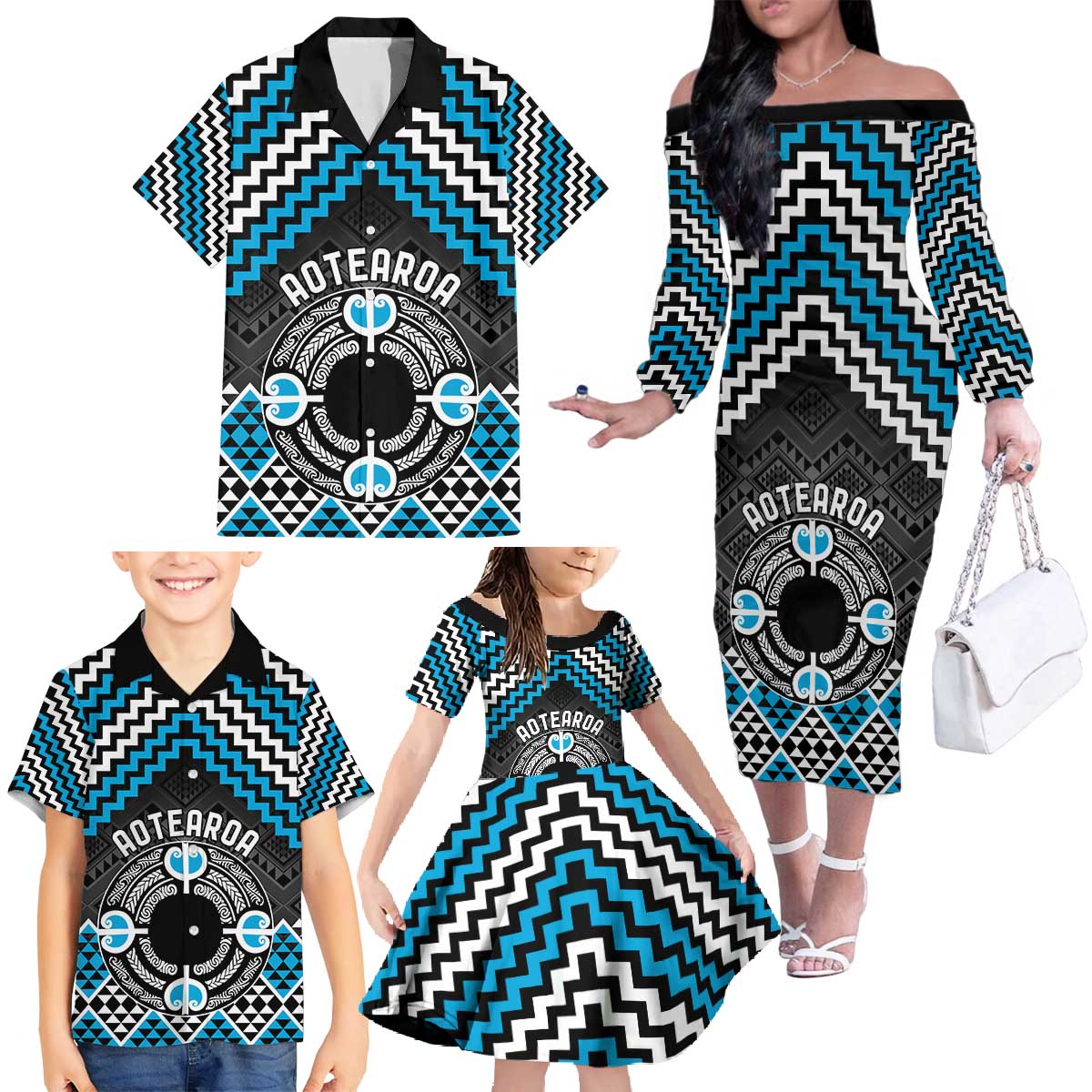 Personalised Aotearoa Niho Taniwha Motif Family Matching Off The Shoulder Long Sleeve Dress and Hawaiian Shirt Blue Style
