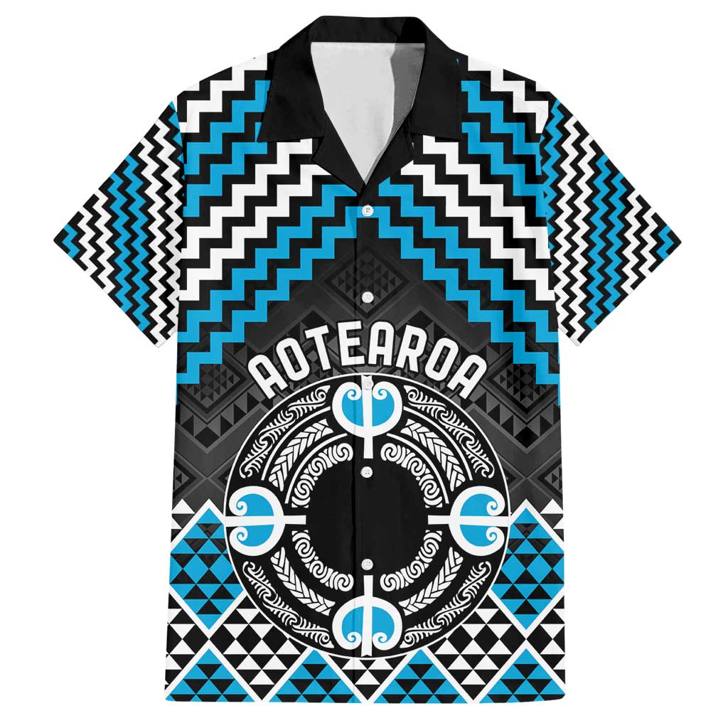 Personalised Aotearoa Niho Taniwha Motif Family Matching Off Shoulder Short Dress and Hawaiian Shirt Blue Style