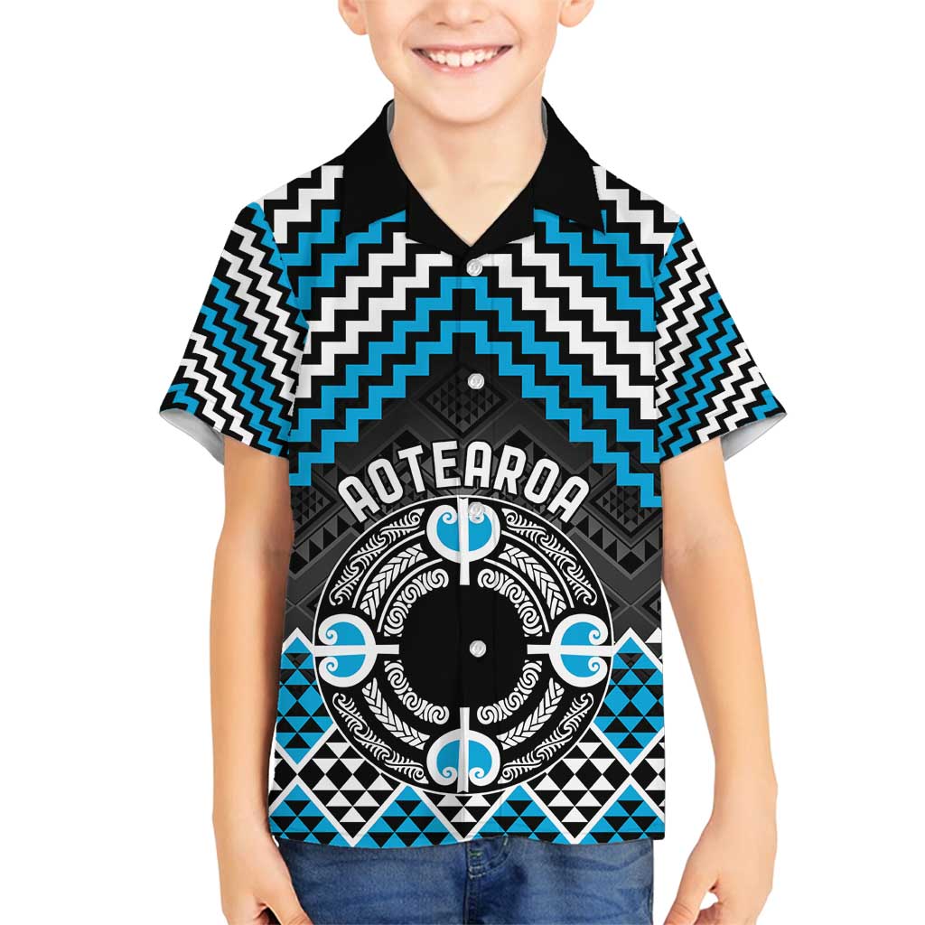 Personalised Aotearoa Niho Taniwha Motif Family Matching Off Shoulder Short Dress and Hawaiian Shirt Blue Style
