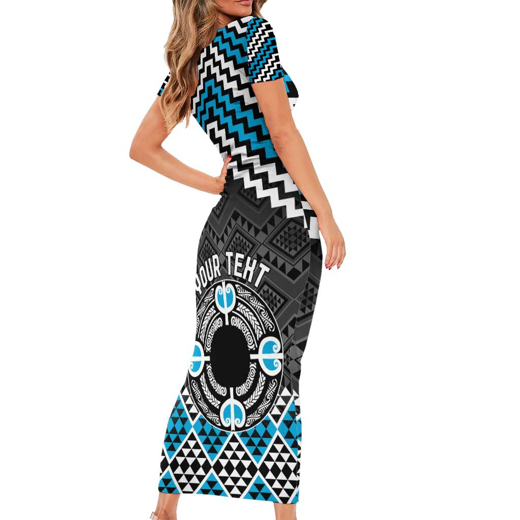 Personalised Aotearoa Niho Taniwha Motif Family Matching Short Sleeve Bodycon Dress and Hawaiian Shirt Blue Style