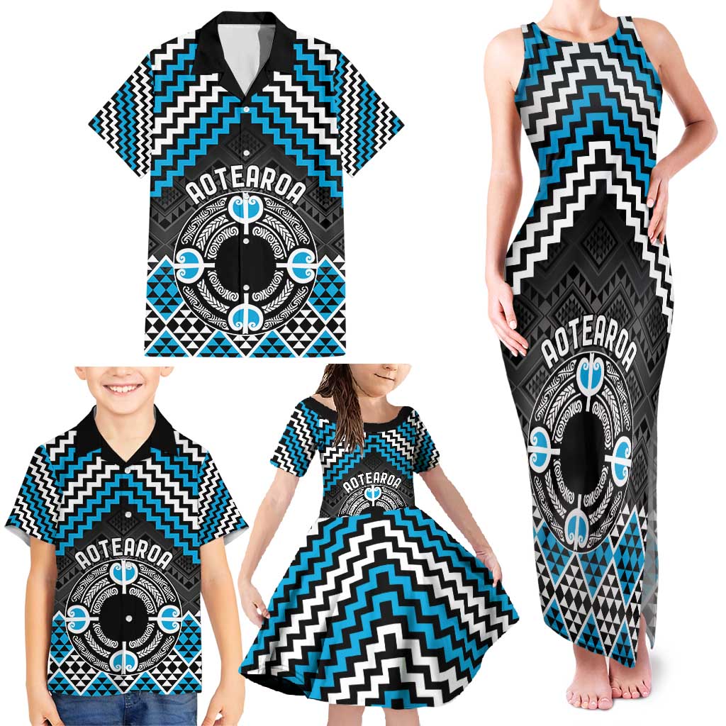 Personalised Aotearoa Niho Taniwha Motif Family Matching Tank Maxi Dress and Hawaiian Shirt Blue Style