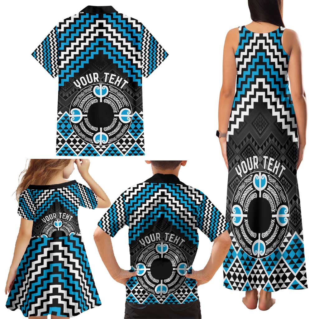 Personalised Aotearoa Niho Taniwha Motif Family Matching Tank Maxi Dress and Hawaiian Shirt Blue Style