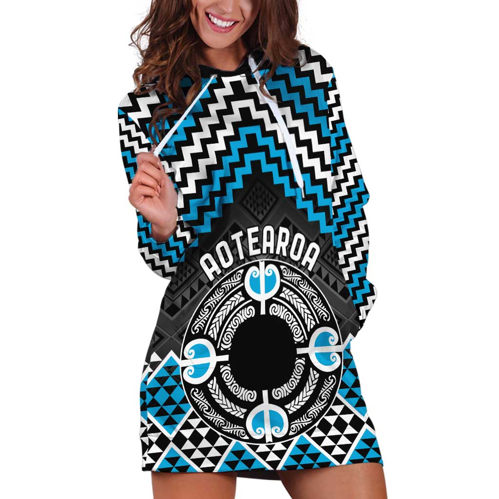 Personalised Aotearoa Niho Taniwha Motif Hoodie Dress Blue Style