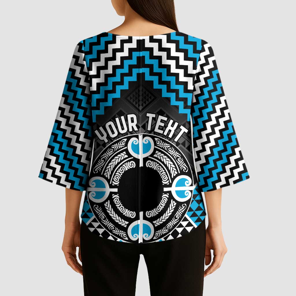 Personalised Aotearoa Niho Taniwha Motif Kimono Sleeve Blouse Blue Style - Polynesian Pride