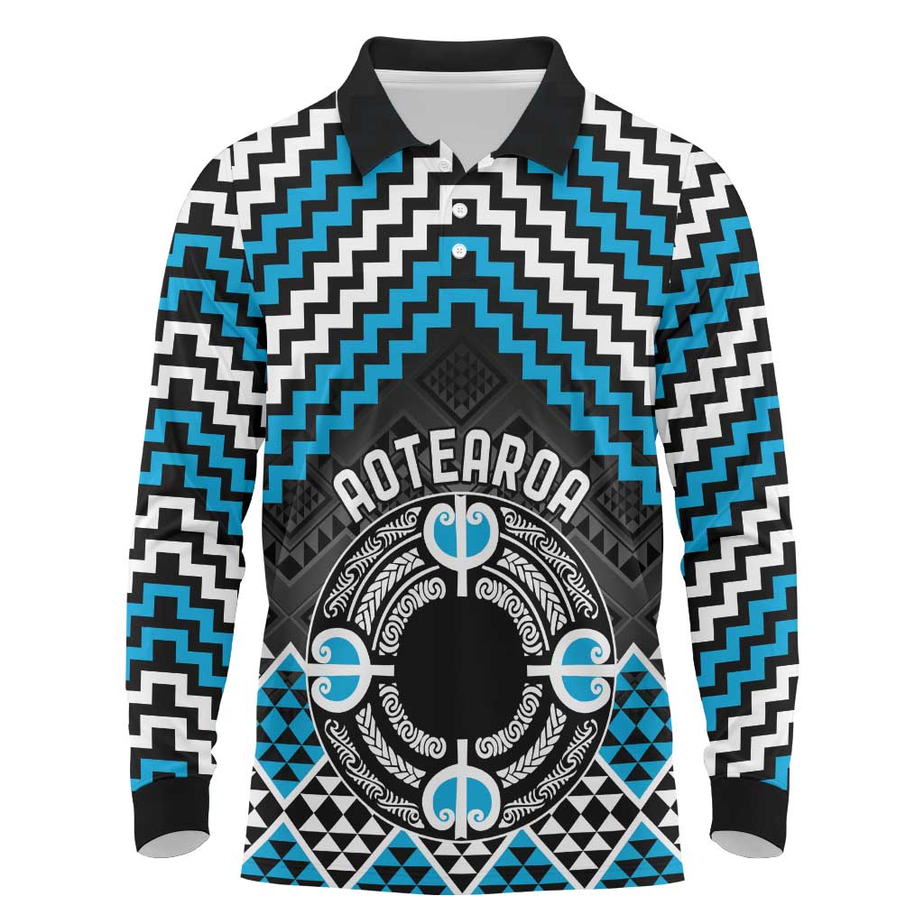 Personalised Aotearoa Niho Taniwha Motif Long Sleeve Polo Shirt Blue Style LT9 Blue - Polynesian Pride