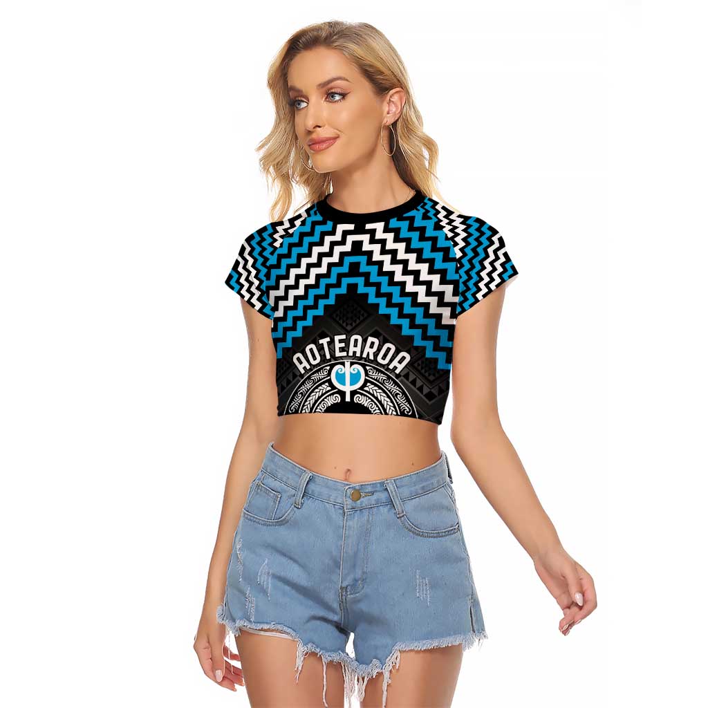 Personalised Aotearoa Niho Taniwha Motif Raglan Cropped T Shirt Blue Style