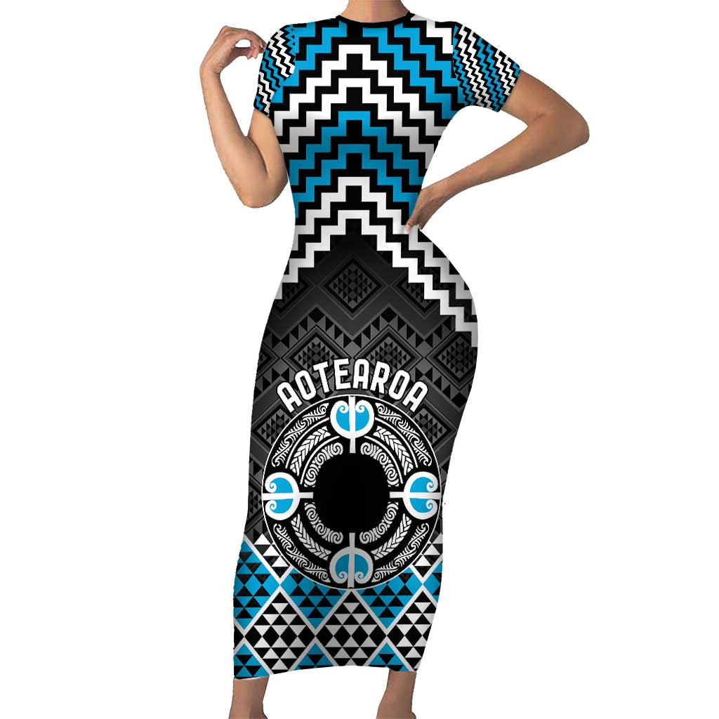Personalised Aotearoa Niho Taniwha Motif Short Sleeve Bodycon Dress Blue Style