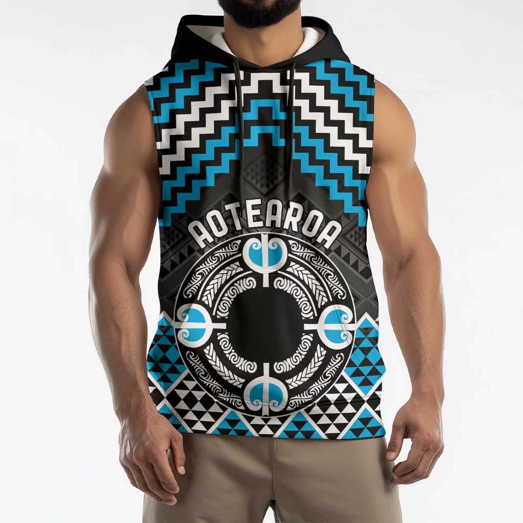 Personalised Aotearoa Niho Taniwha Motif Sleeveless Hoodie Blue Style - Polynesian Pride