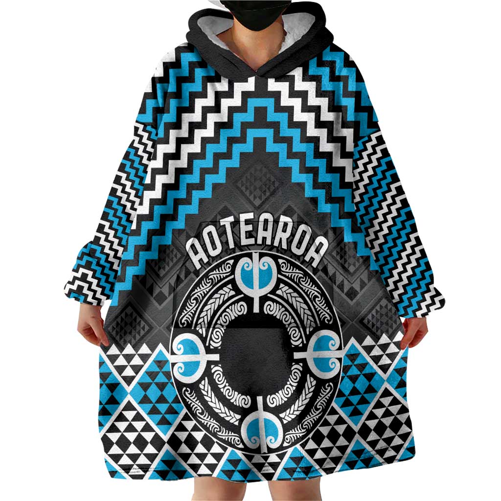 Personalised Aotearoa Niho Taniwha Motif Wearable Blanket Hoodie Blue Style