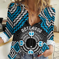 Personalised Aotearoa Niho Taniwha Motif Women Casual Shirt Blue Style