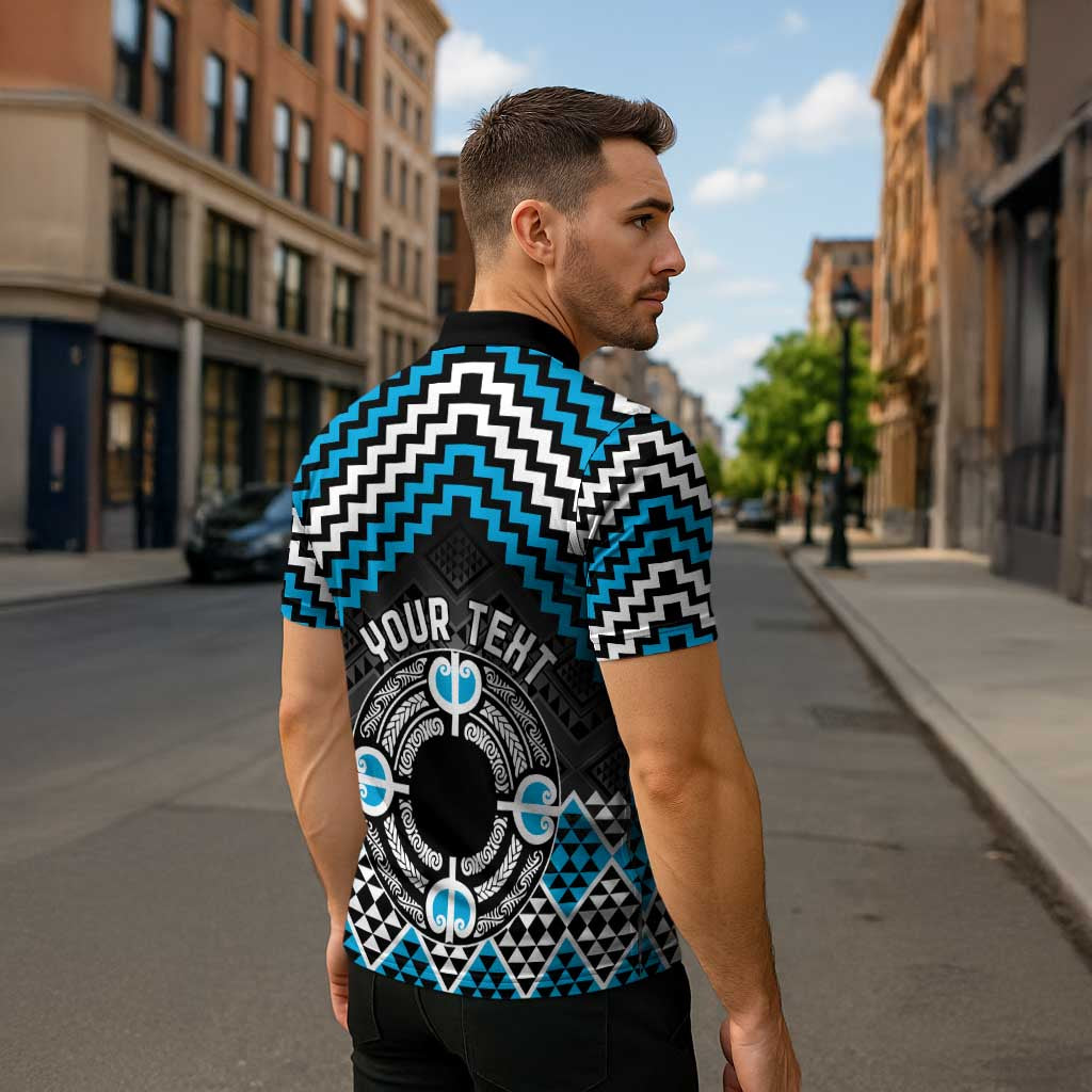 Personalised Aotearoa Niho Taniwha Motif Zipper Polo Shirt Blue Style - Polynesian Pride