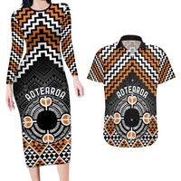 Personalised Aotearoa Niho Taniwha Motif Couples Matching Long Sleeve Bodycon Dress and Hawaiian Shirt Gold Style