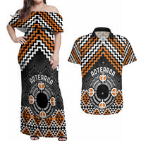 Personalised Aotearoa Niho Taniwha Motif Couples Matching Off Shoulder Maxi Dress and Hawaiian Shirt Gold Style