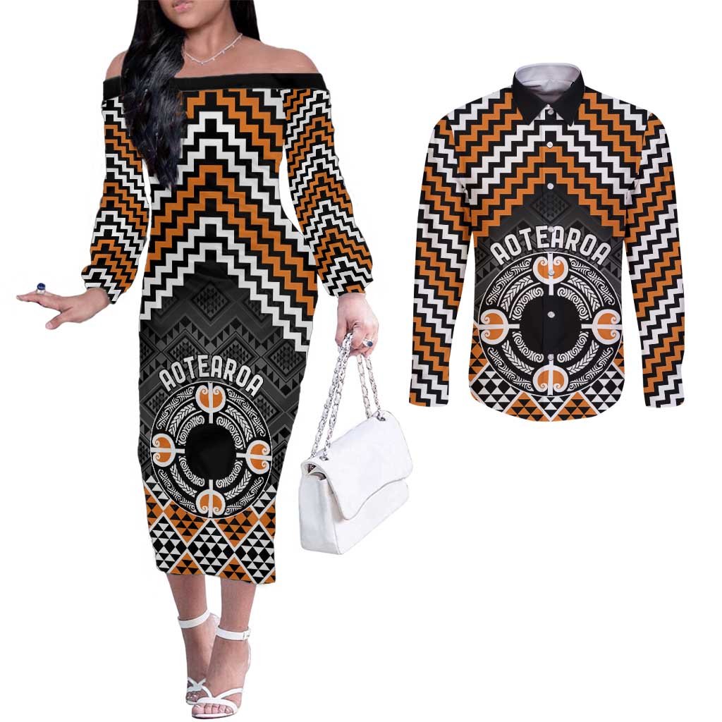 Personalised Aotearoa Niho Taniwha Motif Couples Matching Off The Shoulder Long Sleeve Dress and Long Sleeve Button Shirt Gold Style