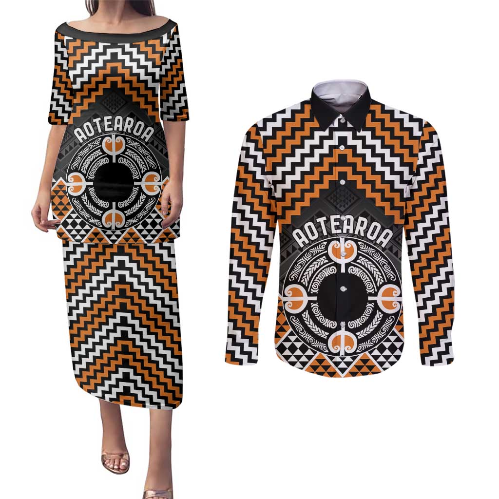 Personalised Aotearoa Niho Taniwha Motif Couples Matching Puletasi and Long Sleeve Button Shirt Gold Style