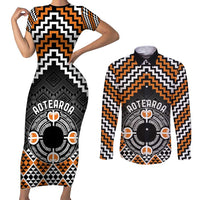 Personalised Aotearoa Niho Taniwha Motif Couples Matching Short Sleeve Bodycon Dress and Long Sleeve Button Shirt Gold Style