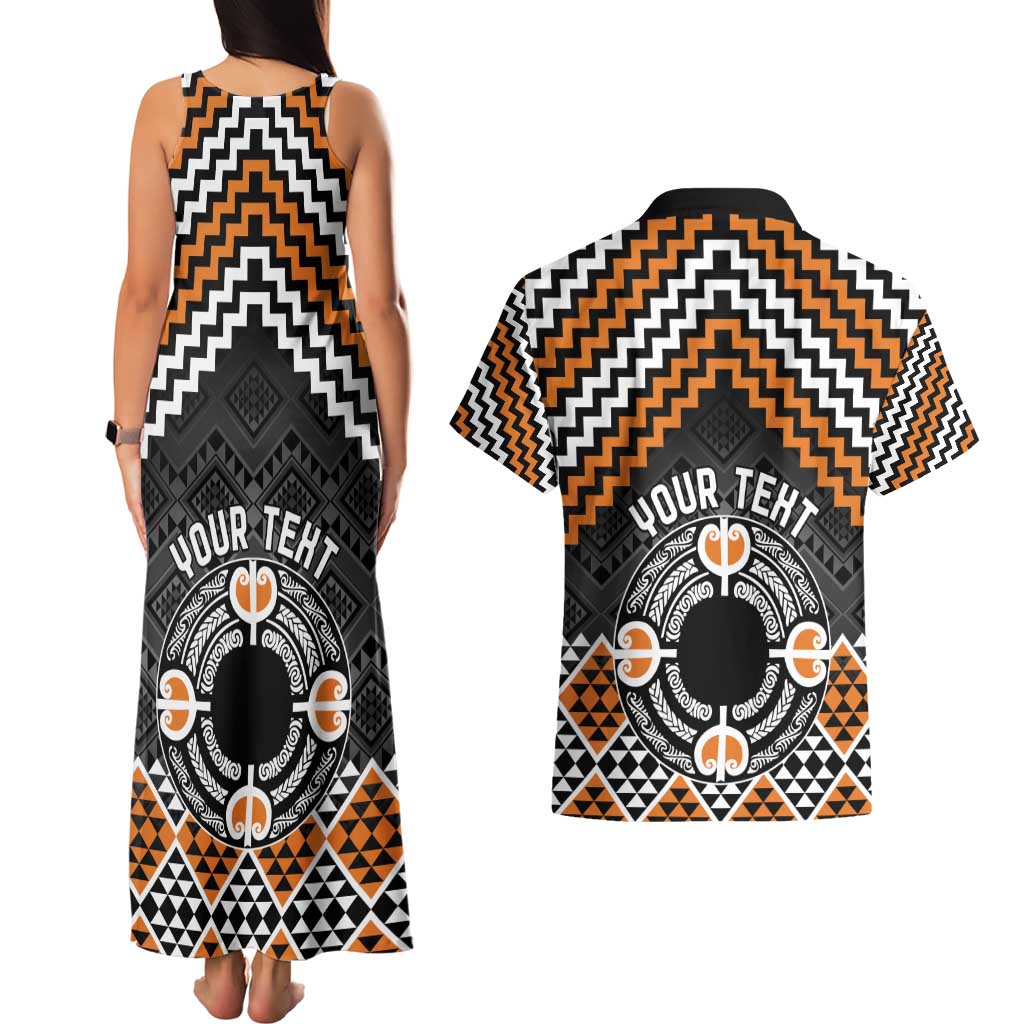 Personalised Aotearoa Niho Taniwha Motif Couples Matching Tank Maxi Dress and Hawaiian Shirt Gold Style