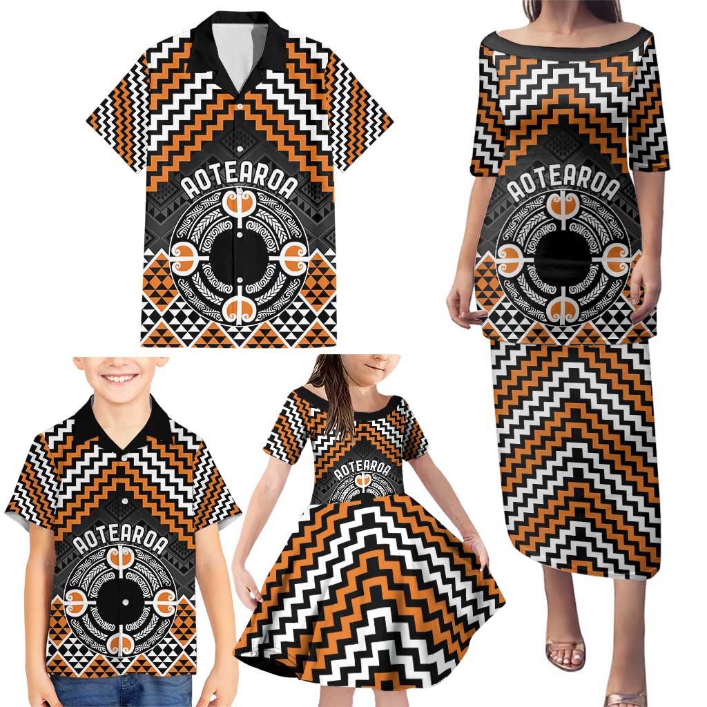 Personalised Aotearoa Niho Taniwha Motif Family Matching Puletasi and Hawaiian Shirt Gold Style