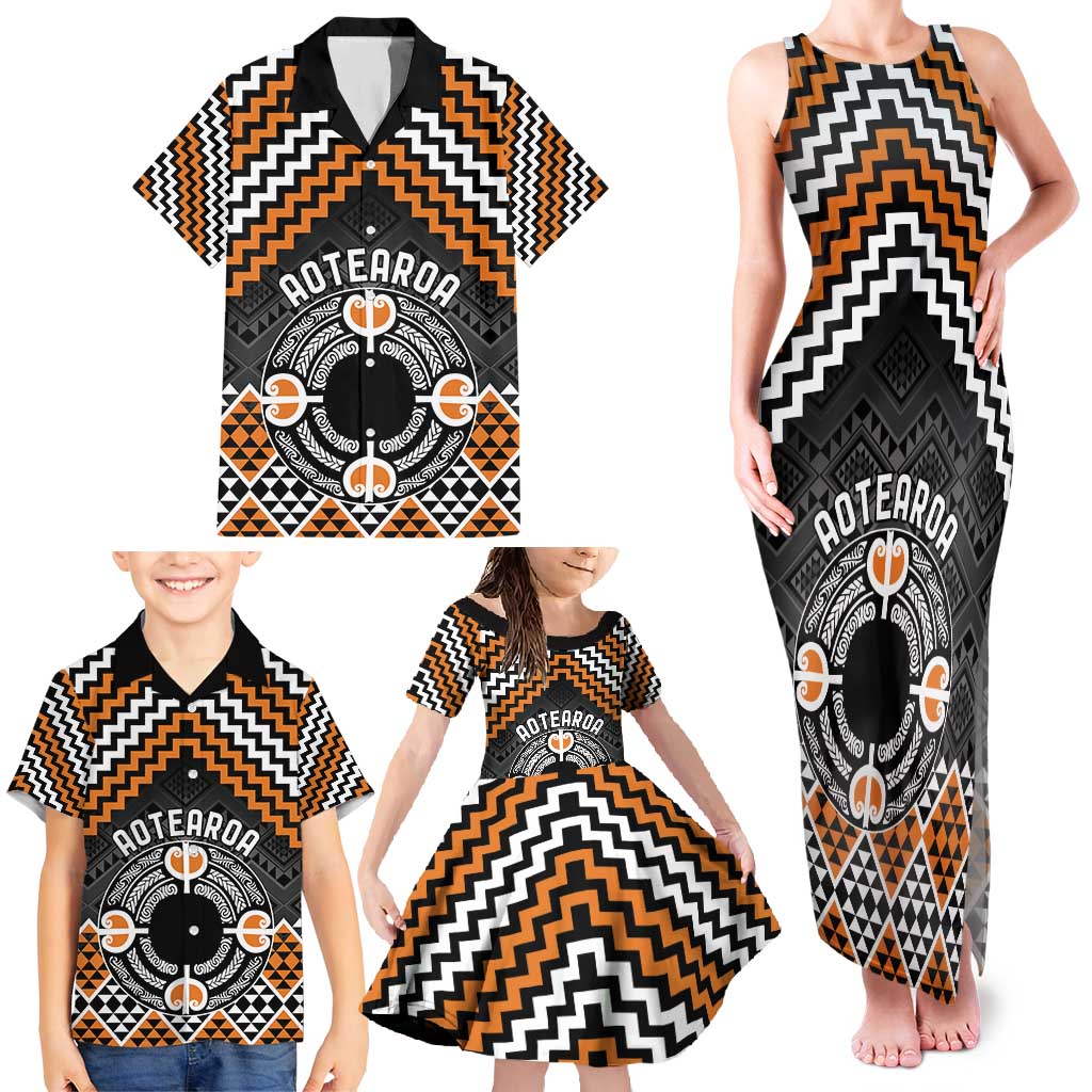 Personalised Aotearoa Niho Taniwha Motif Family Matching Tank Maxi Dress and Hawaiian Shirt Gold Style