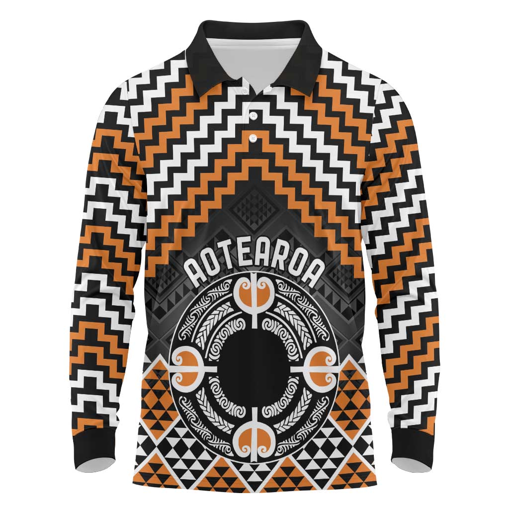 Personalised Aotearoa Niho Taniwha Motif Long Sleeve Polo Shirt Gold Style