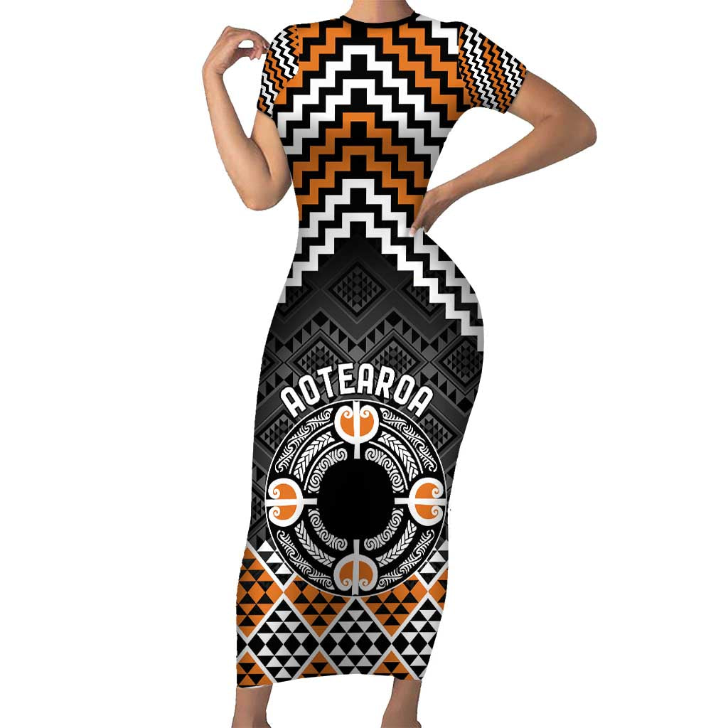 Personalised Aotearoa Niho Taniwha Motif Short Sleeve Bodycon Dress Gold Style