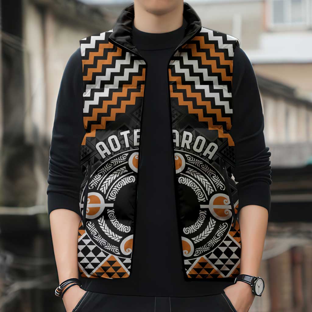 Personalised Aotearoa Niho Taniwha Motif Sleeveless Puffer Jacket Gold Style - Polynesian Pride