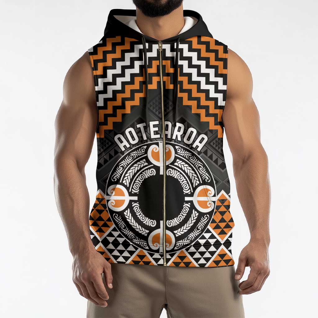 Personalised Aotearoa Niho Taniwha Motif Sleeveless Zip Hoodie Gold Style - Polynesian Pride