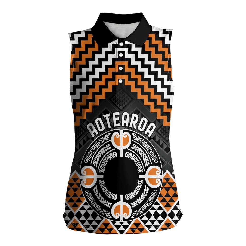 Personalised Aotearoa Niho Taniwha Motif Women Sleeveless Polo Shirt Gold Style