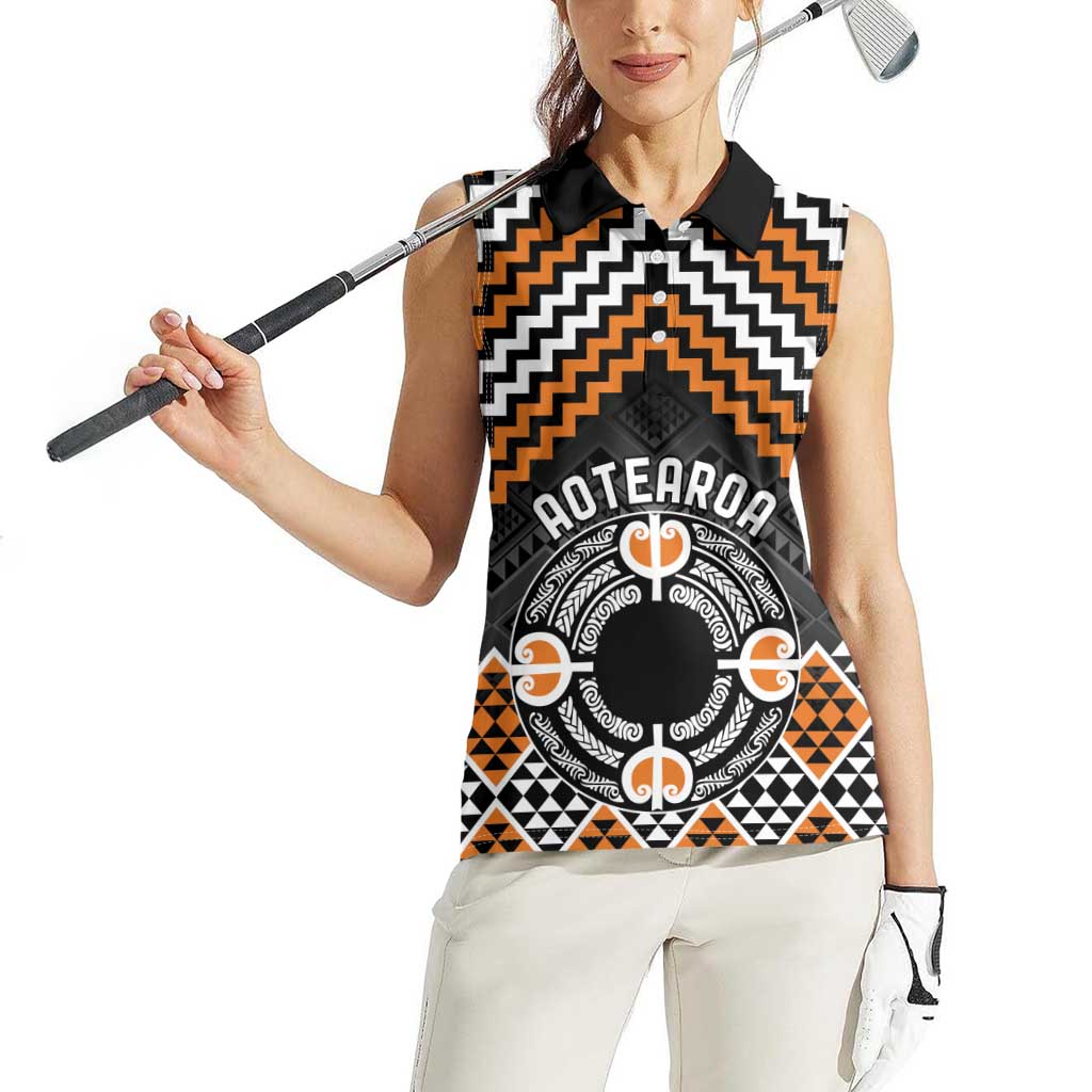 Personalised Aotearoa Niho Taniwha Motif Women Sleeveless Polo Shirt Gold Style