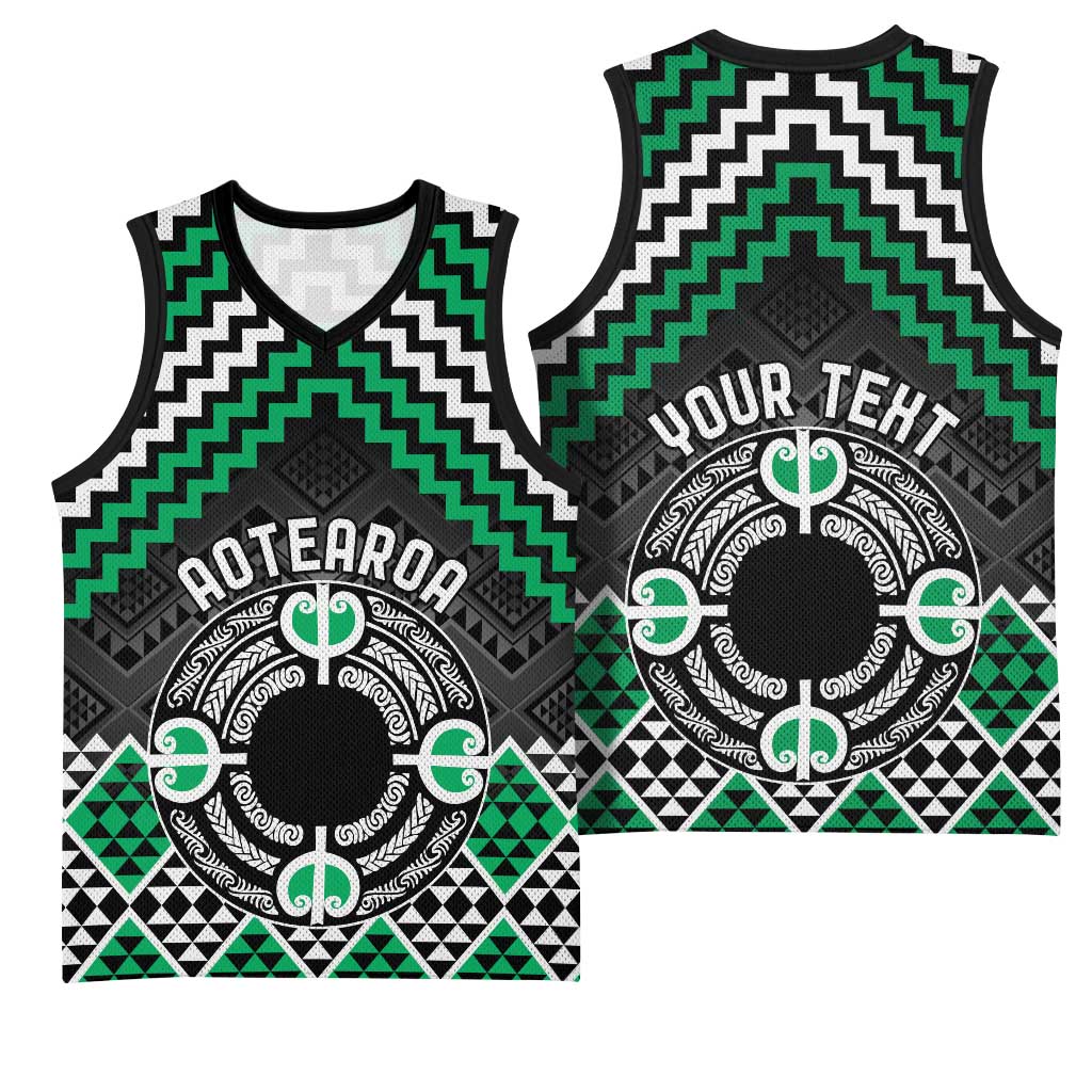 Personalised Aotearoa Niho Taniwha Motif Basketball Jersey Green Style - Polynesian Pride