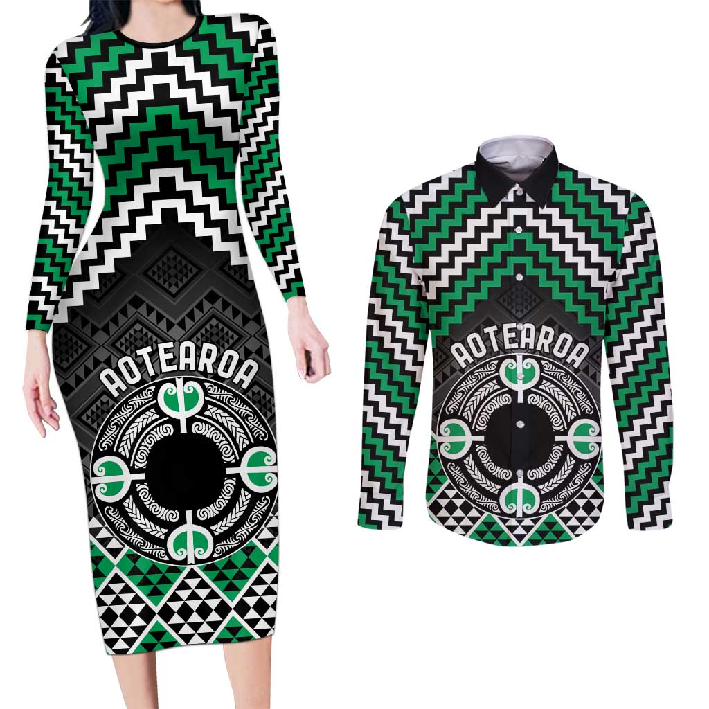 Personalised Aotearoa Niho Taniwha Motif Couples Matching Long Sleeve Bodycon Dress and Long Sleeve Button Shirt Green Style
