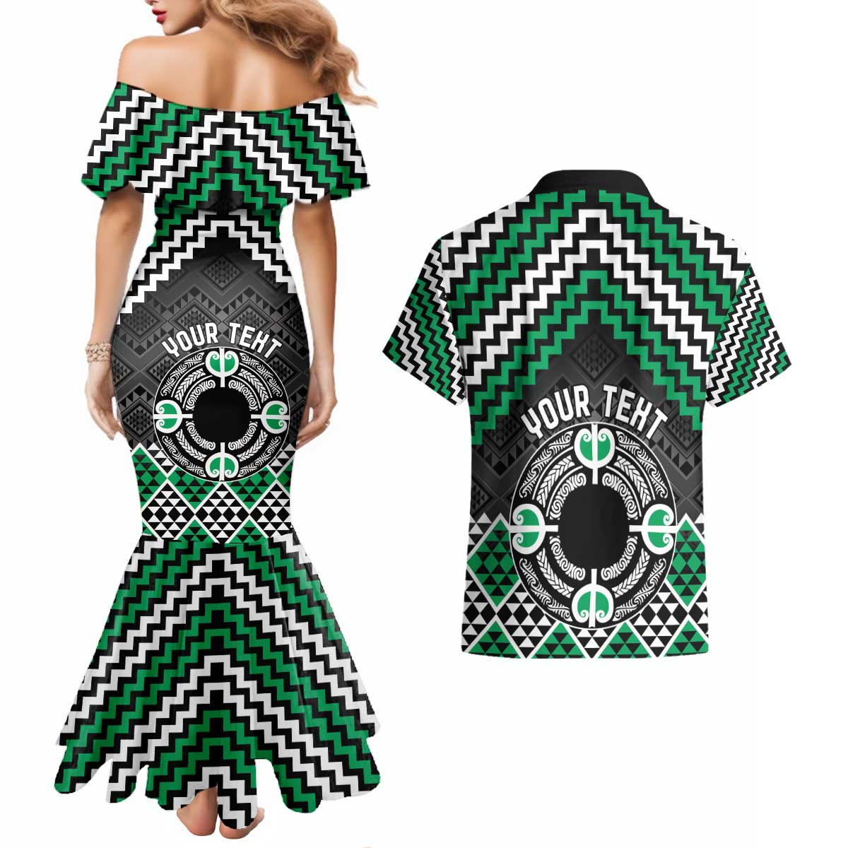 Personalised Aotearoa Niho Taniwha Motif Couples Matching Mermaid Dress and Hawaiian Shirt Green Style