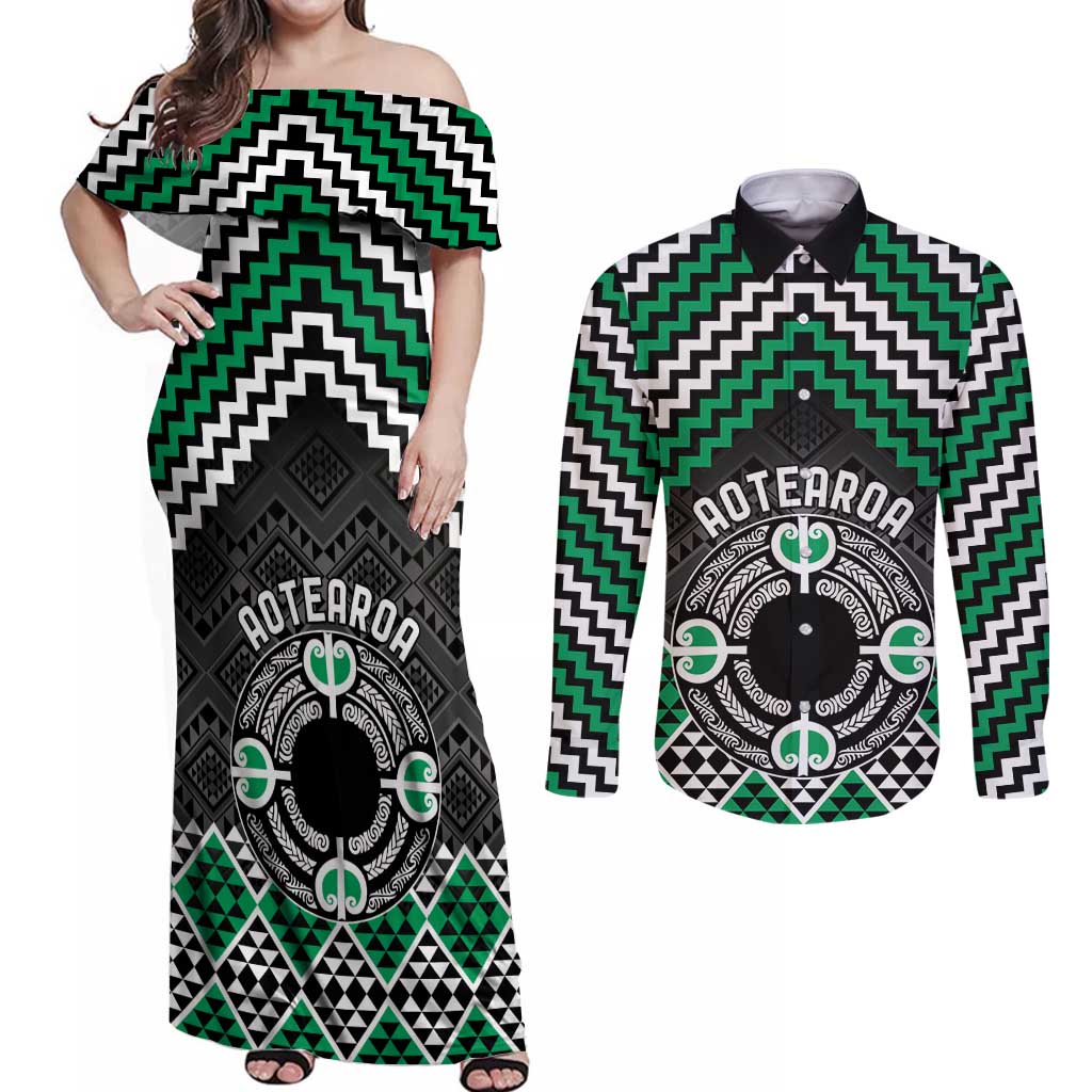 Personalised Aotearoa Niho Taniwha Motif Couples Matching Off Shoulder Maxi Dress and Long Sleeve Button Shirt Green Style