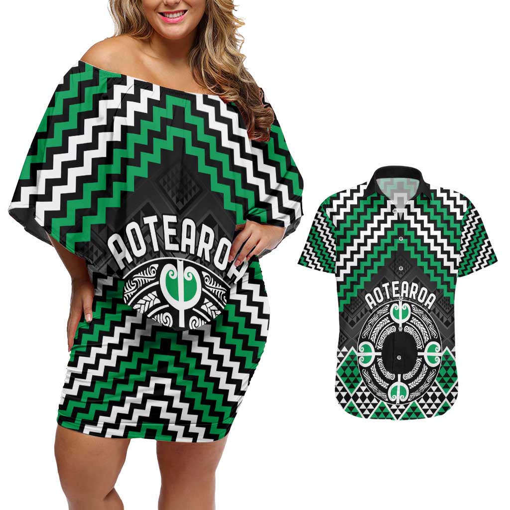 Personalised Aotearoa Niho Taniwha Motif Couples Matching Off Shoulder Short Dress and Hawaiian Shirt Green Style