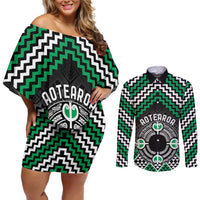 Personalised Aotearoa Niho Taniwha Motif Couples Matching Off Shoulder Short Dress and Long Sleeve Button Shirt Green Style