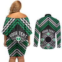 Personalised Aotearoa Niho Taniwha Motif Couples Matching Off Shoulder Short Dress and Long Sleeve Button Shirt Green Style