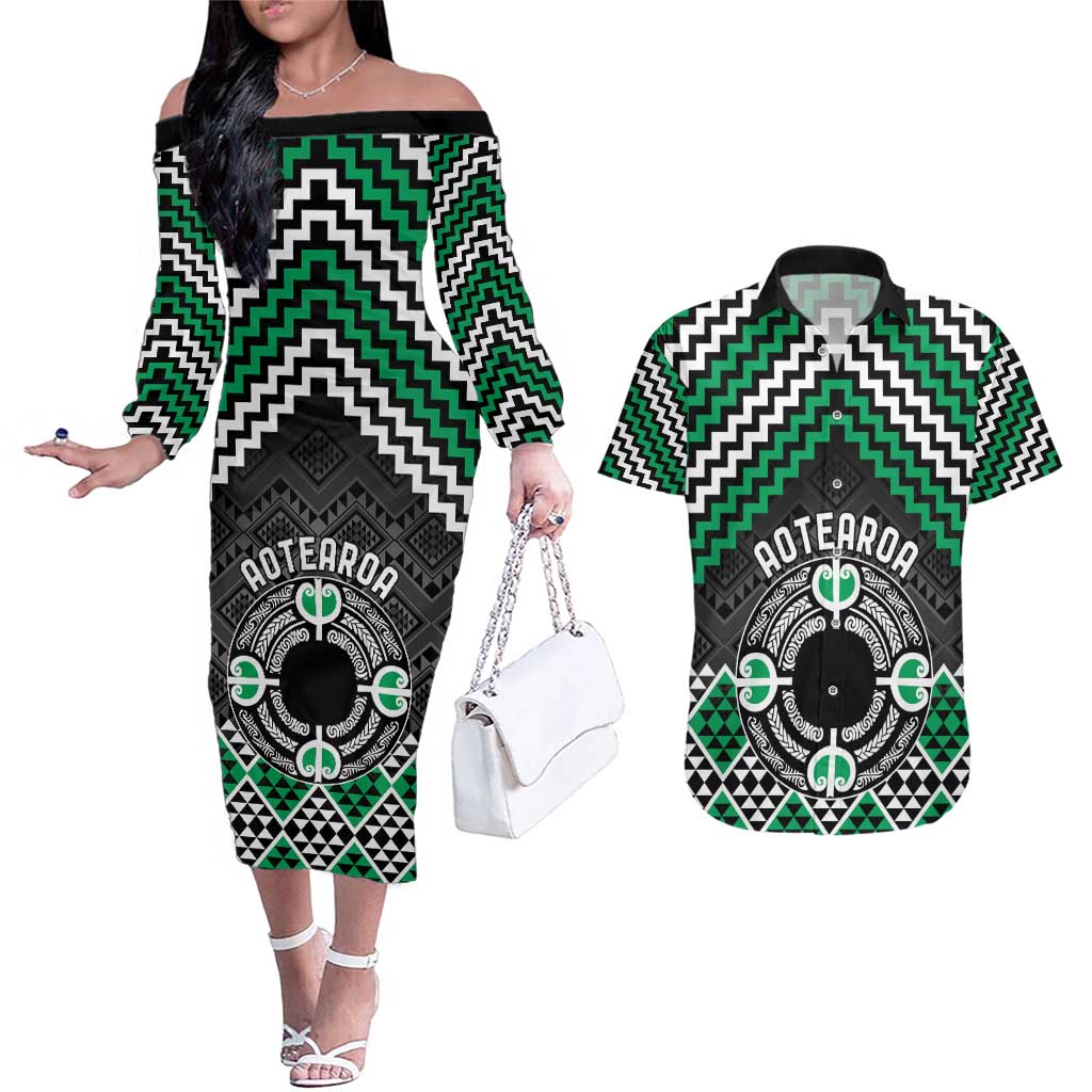 Personalised Aotearoa Niho Taniwha Motif Couples Matching Off The Shoulder Long Sleeve Dress and Hawaiian Shirt Green Style