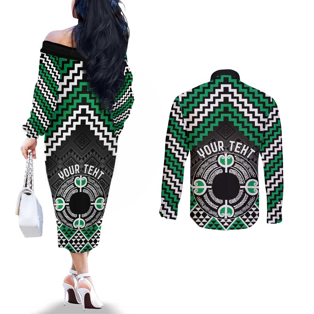 Personalised Aotearoa Niho Taniwha Motif Couples Matching Off The Shoulder Long Sleeve Dress and Long Sleeve Button Shirt Green Style