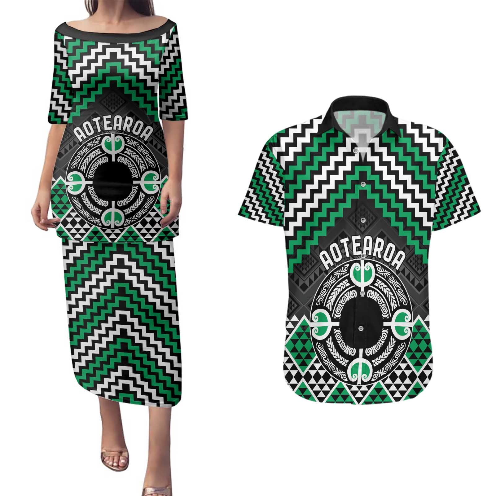 Personalised Aotearoa Niho Taniwha Motif Couples Matching Puletasi and Hawaiian Shirt Green Style