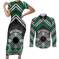 Personalised Aotearoa Niho Taniwha Motif Couples Matching Short Sleeve Bodycon Dress and Long Sleeve Button Shirt Green Style
