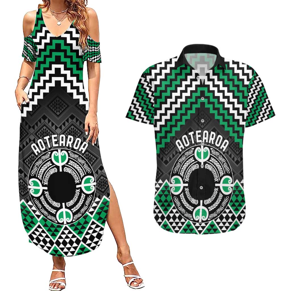 Personalised Aotearoa Niho Taniwha Motif Couples Matching Summer Maxi Dress and Hawaiian Shirt Green Style