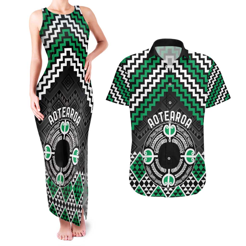 Personalised Aotearoa Niho Taniwha Motif Couples Matching Tank Maxi Dress and Hawaiian Shirt Green Style