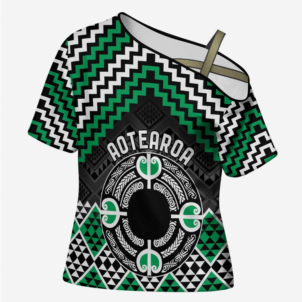 Personalised Aotearoa Niho Taniwha Motif Cross Shoulder Shirt Green Style - Polynesian Pride