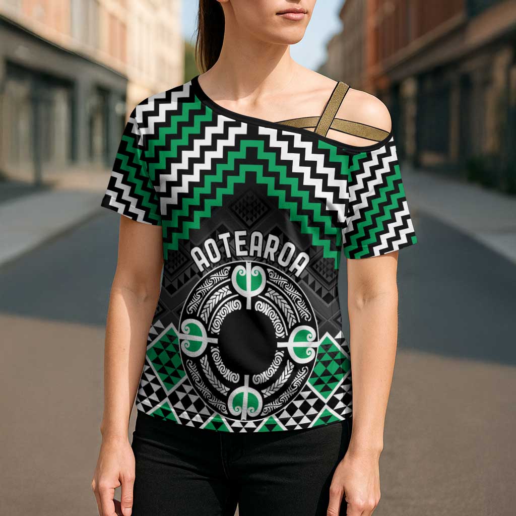 Personalised Aotearoa Niho Taniwha Motif Cross Shoulder Shirt Green Style - Polynesian Pride