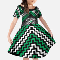 Personalised Aotearoa Niho Taniwha Motif Family Matching Off The Shoulder Long Sleeve Dress and Hawaiian Shirt Green Style