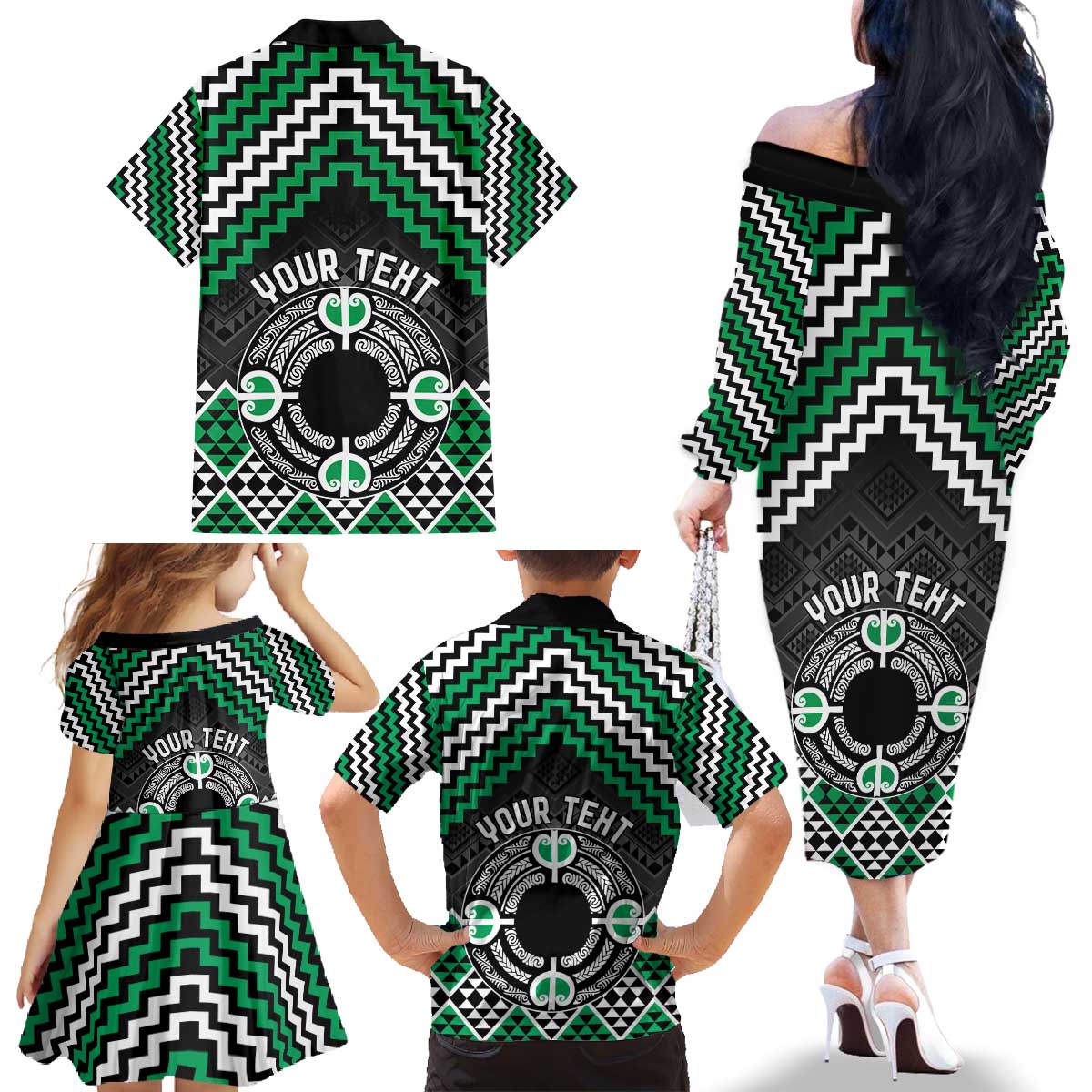 Personalised Aotearoa Niho Taniwha Motif Family Matching Off The Shoulder Long Sleeve Dress and Hawaiian Shirt Green Style