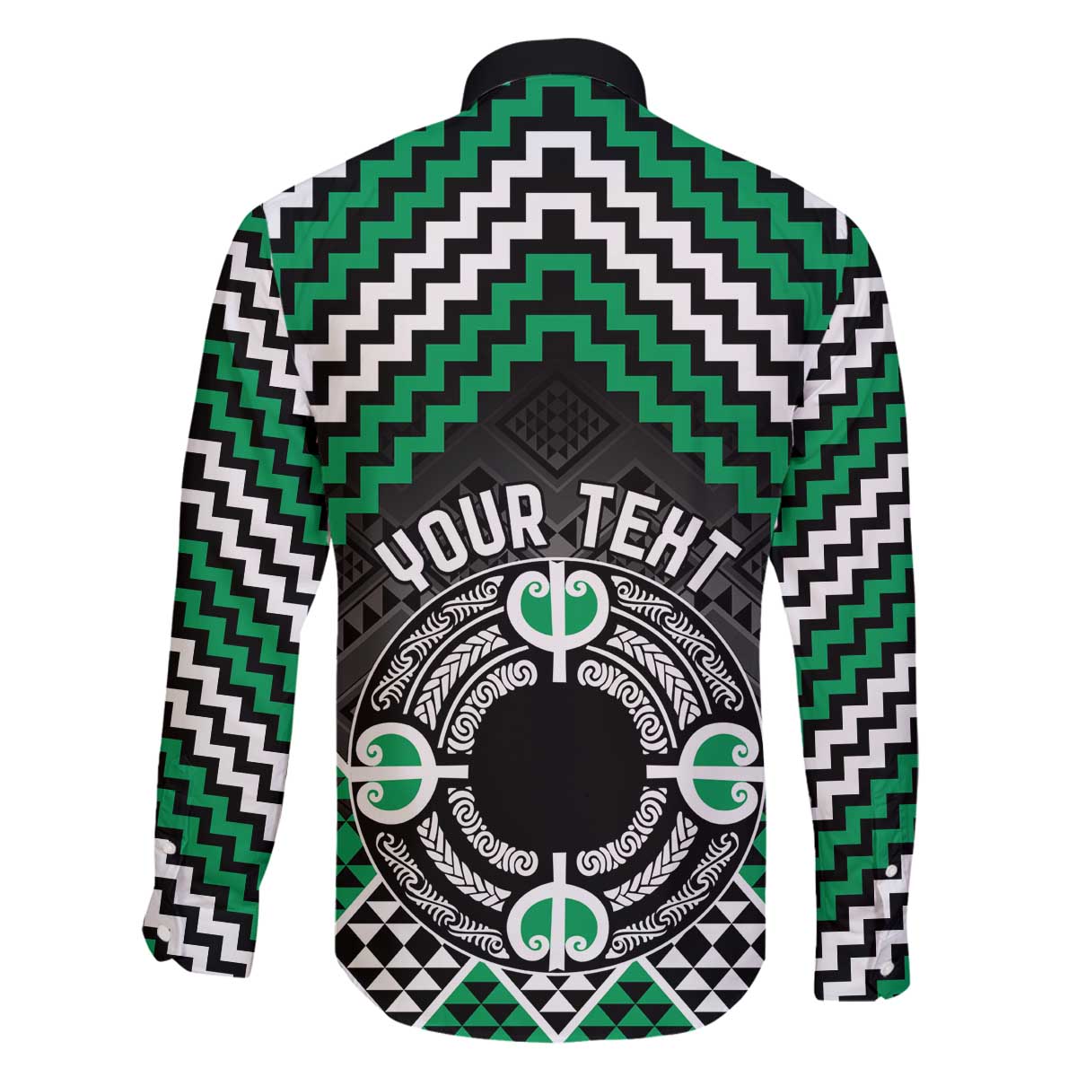 Personalised Aotearoa Niho Taniwha Motif Family Matching Off The Shoulder Long Sleeve Dress and Hawaiian Shirt Green Style